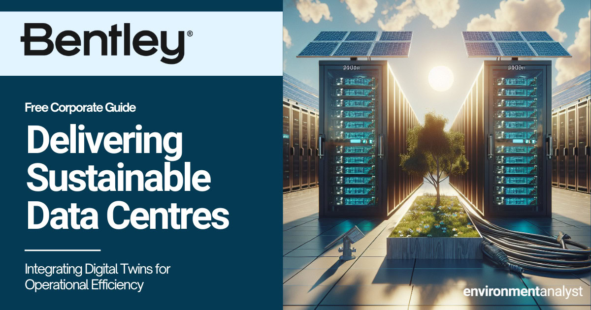 A digital illustration shows solar panel-topped Data Centres outdoors, surrounded by sunlight and plants, next to text promoting Bentley's Corporate Guide on Sustainable Data Centres. | Bentley Systems | Infrastructure Engineering Software Company A digital illustration shows solar panel-topped Data Centres outdoors, surrounded by sunlight and plants, next to text promoting Bentley's Corporate Guide on Sustainable Data Centres.