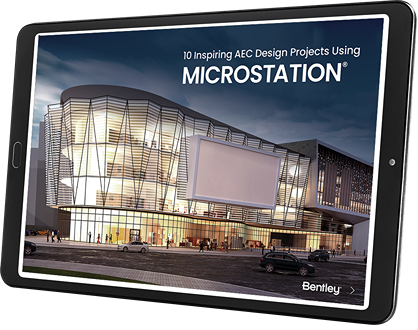 A tablet displaying a screen with a cover image of a modern architectural building and the text "10 Inspiring AEC Design Projects Using MicroStation by Bentley" showcases how visions become reality through innovative design.