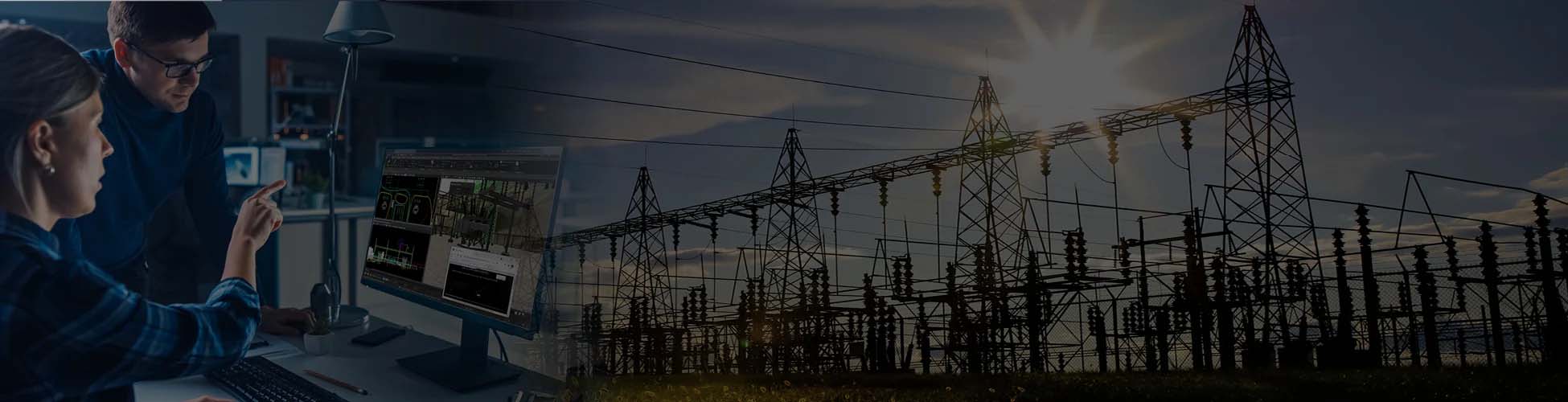 Two individuals work on computers with power lines and towers in the background, suggesting a focus on electric utilities or electrical grid management projects.