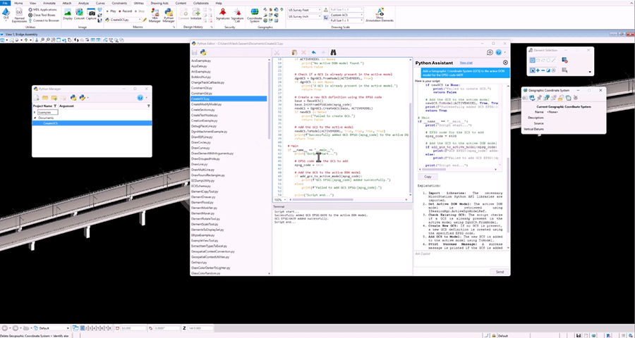 A computer screen shows a 3D modeling software with a bridge model, a Python script editor, and a coding assistant window open.
